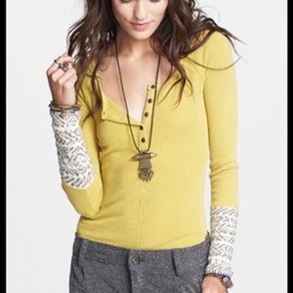 Free People Yellow Alpine Cuff Henley Thermal Top Shirt - Picture 1 of 7